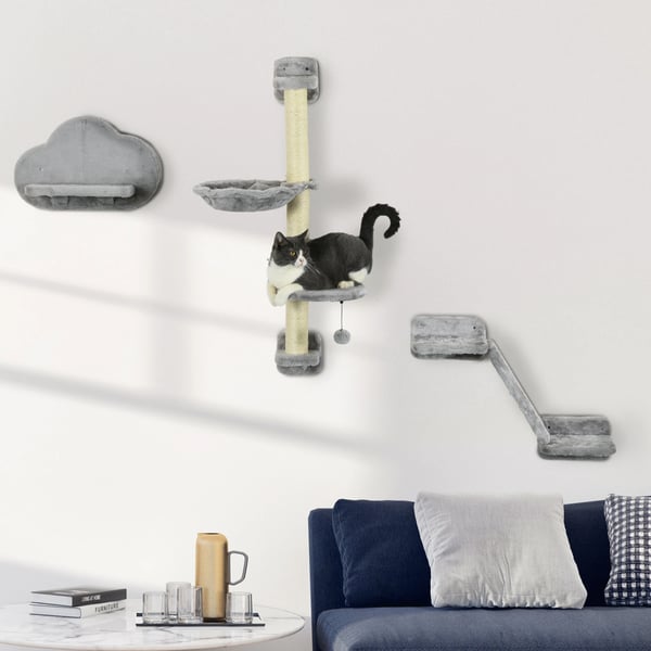 Klatrevægssæt til katte, multi-niveau design, interaktive funktioner,Grå, 30X30X96 cm