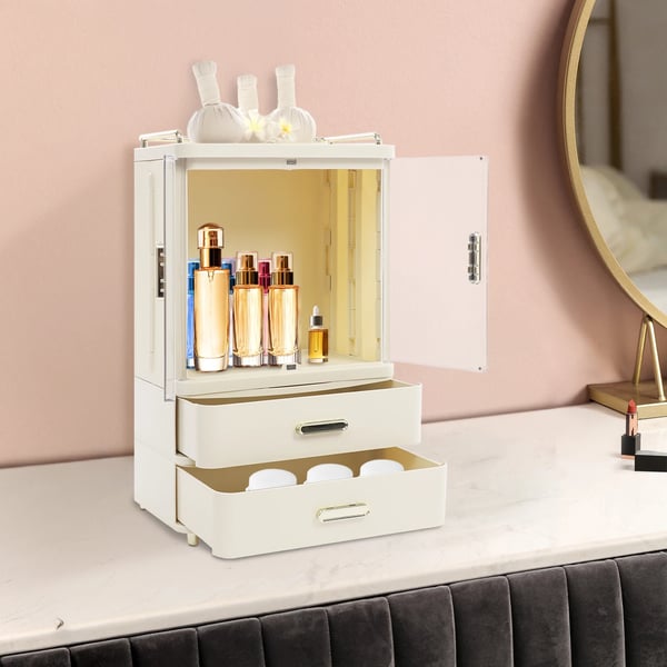 Makeup Organizer, 2 Skuffer, Klare Døre,Cremehvid
