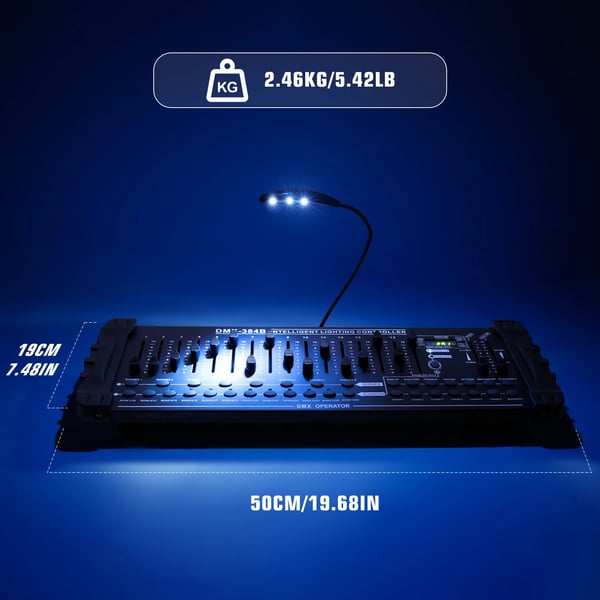 Lyscontroller, 384 kanaler, 24 armaturkontrol, DMX512-standard, indbygget mikrofon, certificeret til sikkerhedsstandarder
