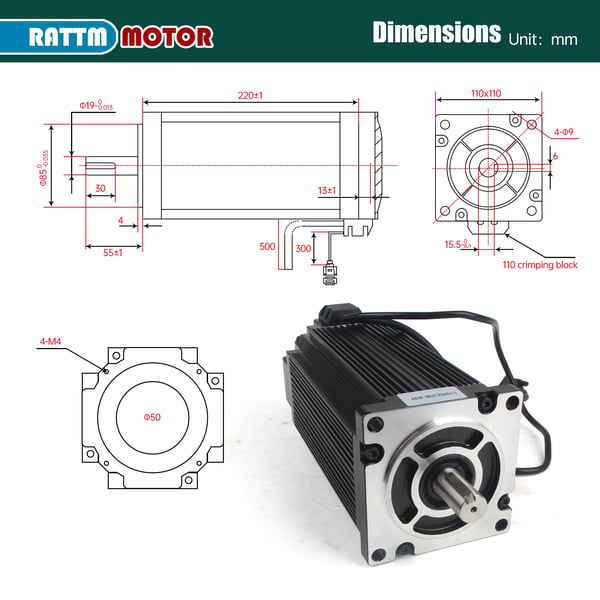 Lukket Sløjfe Servo Motor, 20N·m Moment, 4.2A Strøm, AC 150~240V Spænding, 110mm x 110mm x 221mm Dimensioner, 1000 Encoder Opløsning