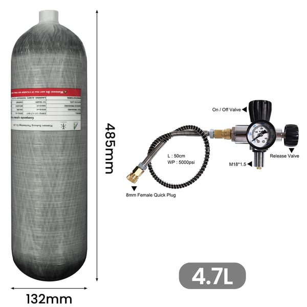 Højtrykscylinder, Carbonfiber Materiale, 300 Bar Kapacitet,4.7L med ventil