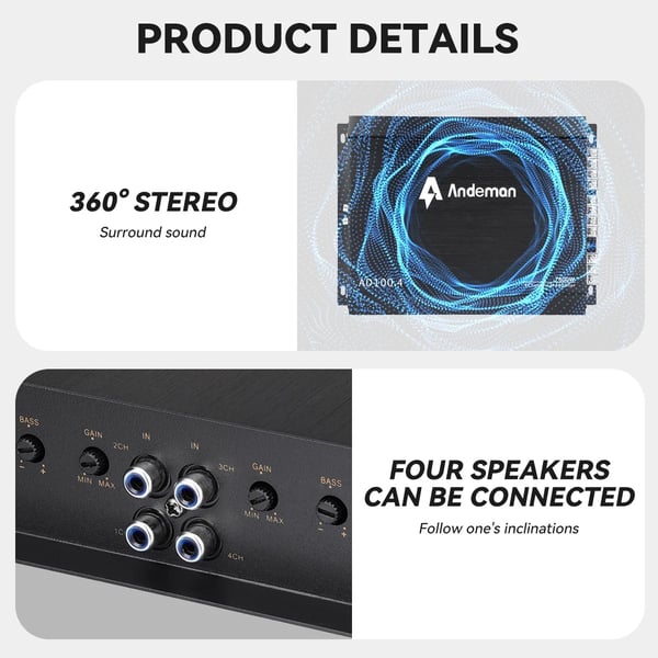 Bilforstærker, 7800W spidseffekt, 200W RMS, 12V-13.8V spænding, 27.6 x 20.6 x 4 cm dimensioner, multikanal lydkodning