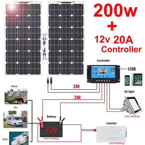 Solpanel Kit, Fleksibelt Design, Vandtæt Beskyttelse,200w 12v 24v 20A kit