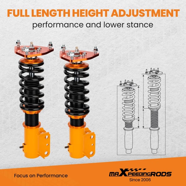 Coilovers, Justerbar højde 1-3 tommer, 24 niveauer rebound dæmpning, Foran fjederhastighed 9 kg/mm, Bag fjederhastighed 7 kg/mm, Varevægt 27180 g