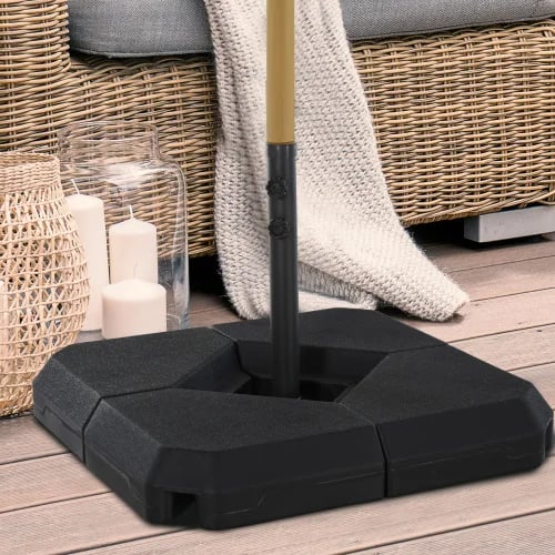 Parasolfod, HDPE-materiale, 80 cm samlede dimensioner, 40 cm hver foddimension, 15 liter kapacitet, fire-delt samling