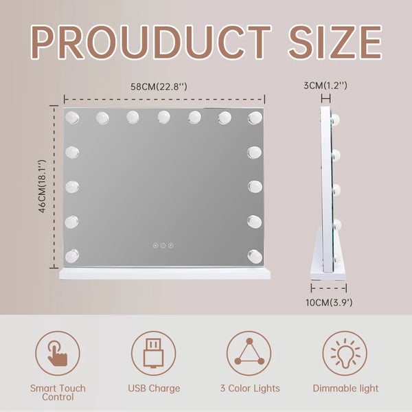 Makeup Spejl, LED Belysning, Berøringssensor Kontrol,5846USB-Hvid