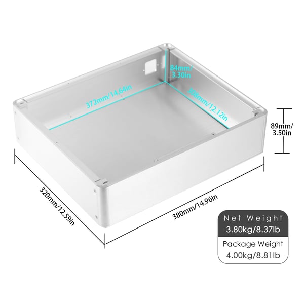 Forstærkerchassis, aluminiumlegering, 380x320x90 mm, vægt 3,8 kg, effektiv varmeafledning, tilpasseligt design