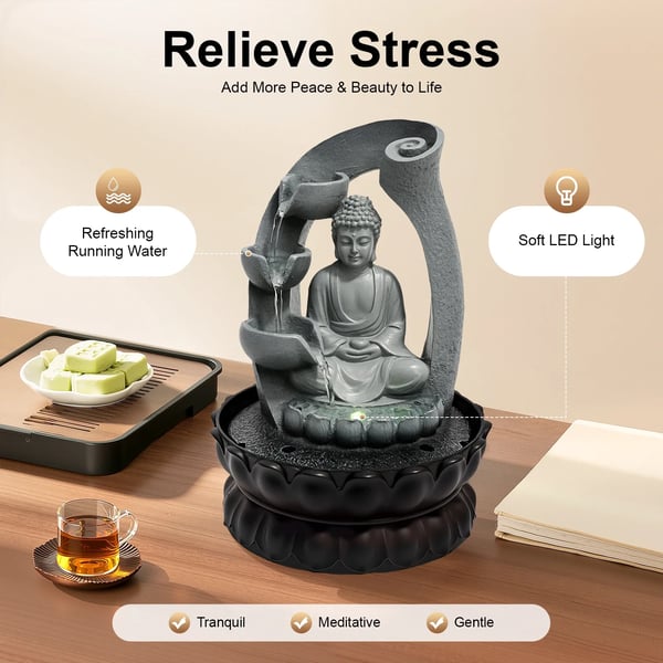 Fontän, Buddha-design, LED-belysningsfunktion,grå