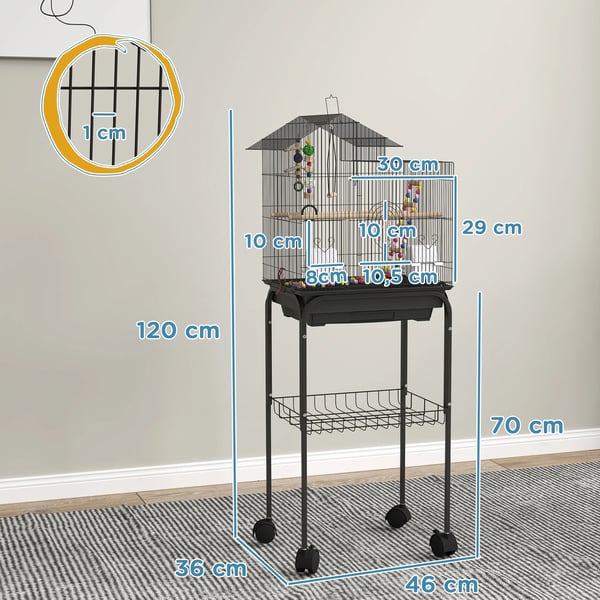Fågelbur, Stålmaterial, 48x64x74 cm, Mobil med hjul,46x36x120 cm, Svart