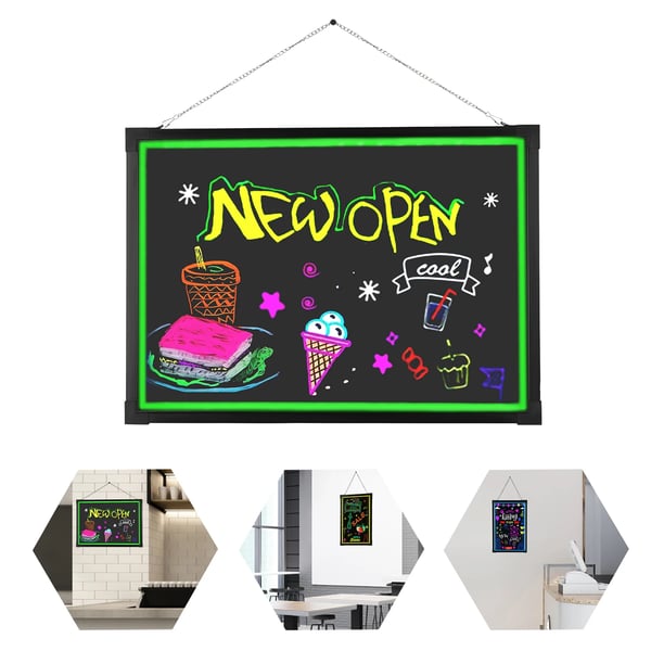 LED besked skrive tavle, 24"x32", 0,36W strøm, 18 lys effekter, hærdet glas, aluminium legering