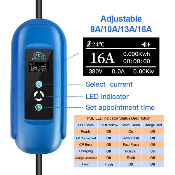 EV Bærbar Oplader, Justerbar Strøm, Vejrbestandig,TYPE2, 11KW Type 2 Total 5M