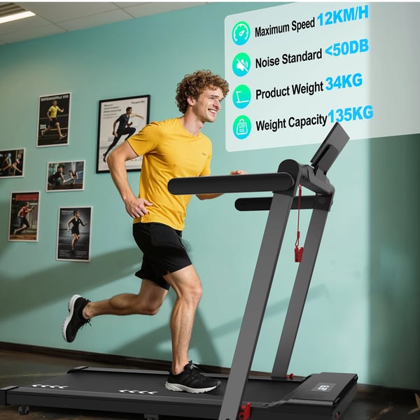 Løbebånd, Foldbart Design, Hastighedsområde 1-12 km/t, Løbeplade 1280×565 mm, Løbebåndslængde 1065 mm, Justerbar Stigning, Bluetooth-forbindelse