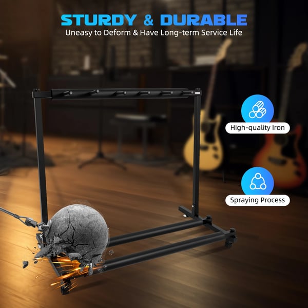 Guitar Stativ, Jern og Svamp Materiale, 5 Guitar Kapacitet, 86,5cm x 46,5cm x 73cm Dimensioner, 19cm Krydsstang Afstand, 10,5cm Stift Afstand