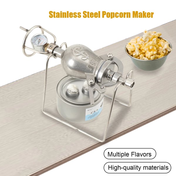 Popcorn-valmistaja, ruostumaton teräs, manuaalinen käyttö, 100 ml kapasiteetti, avotuli lämmitys, sopii maissille ja palkokasveille