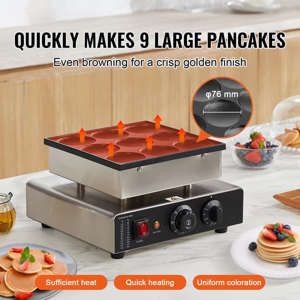 Pandekagemaskine, Non-stick rustfrit stål, 9 mini pandekage kapacitet, temperaturinterval 50-300°C, effektvurdering 850W, temperaturkontrolknap