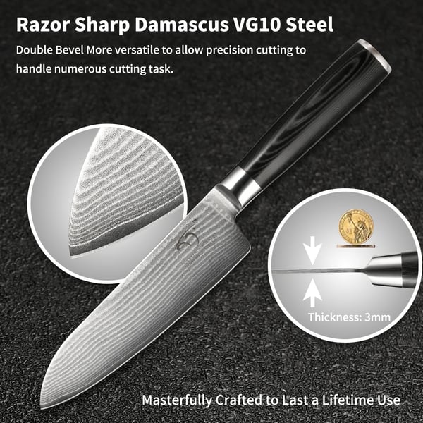 Santoku-veitsi, korkeahiilinen teräs, mukava Pakkapuukahva,7 tuumaa