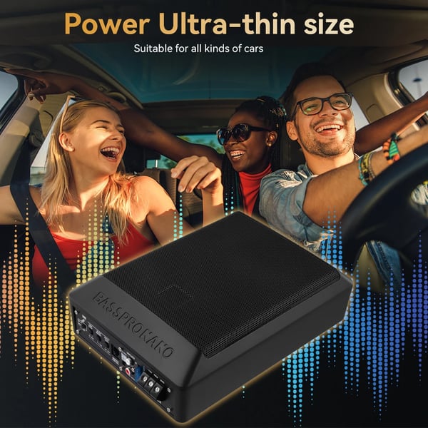 Under-sæde Subwoofer, Nominel Effekt 600W, Maksimal Effekt 1200W, Spænding 12V, Impedans 4 Ohm, Dimensioner 28 cm x 20 cm x 7,5 cm