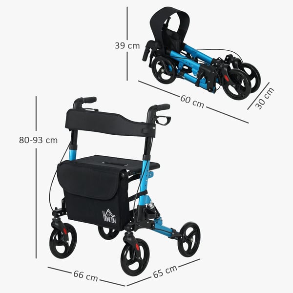 Äldre rullator, hopfällbar design, bekväm sits, lättviktskonstruktion, blå