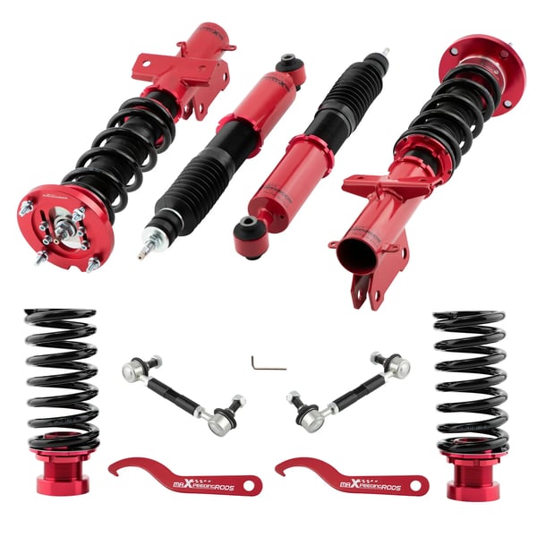 Coilover-jousitussarja, 24-suuntaisesti säädettävä iskunvaimennin, 8 kg/mm etujousen jäykkyys, 6 kg/mm takajousen jäykkyys, säädettävä korkeus 505-665 mm edessä, säädettävä korkeus 500-585 mm takana