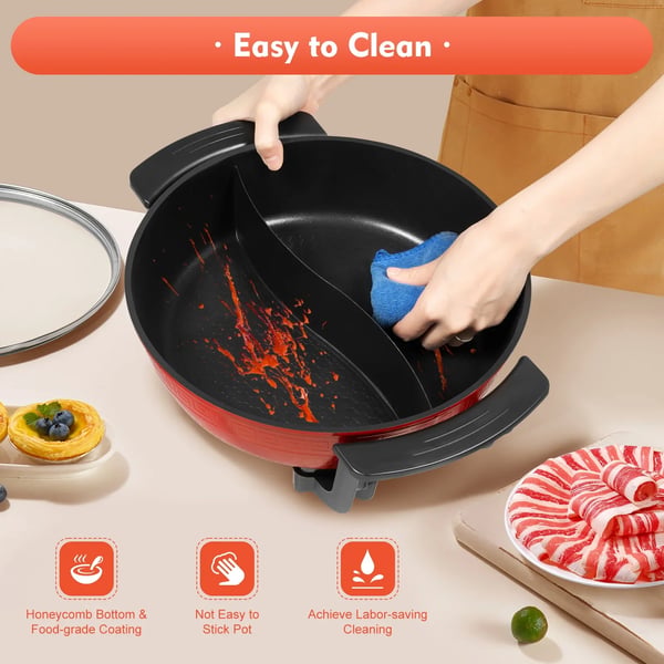Elektrisk Hot Pot, Non-Stick Belægning, Dobbelt Kammer Design,Rød-Sort
