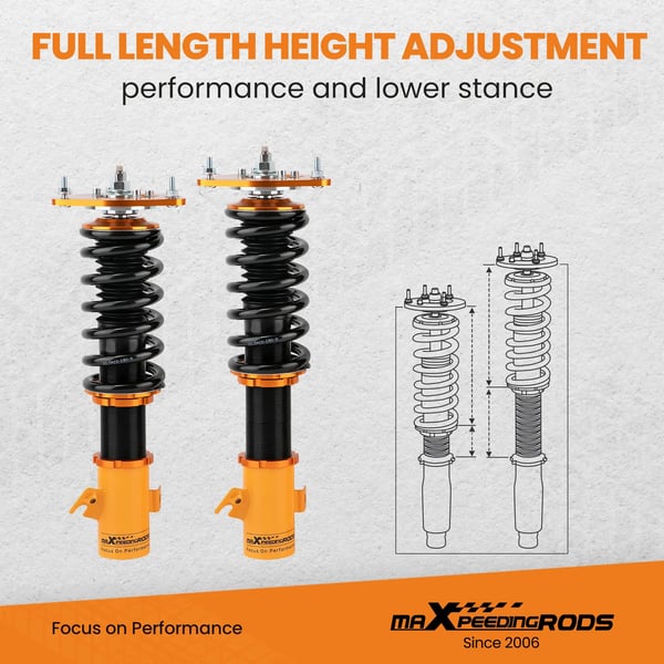 Coilover-sarja, säädettävä korkeus 1-3”, 24 tason iskunvaimennuksen säätö, etujousen kovuus 9 kg/mm, takajousen kovuus 7 kg/mm