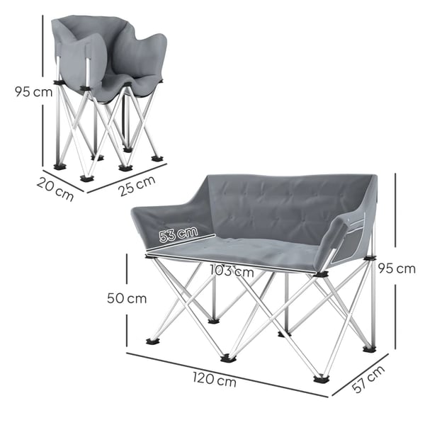 Foldestol, Pulverlakeret metalramme, Kapacitet på 240 kg, Dimensioner 120L x 57B x 95H cm, Vejer 6,5 kg, Inkluderer sidelommer