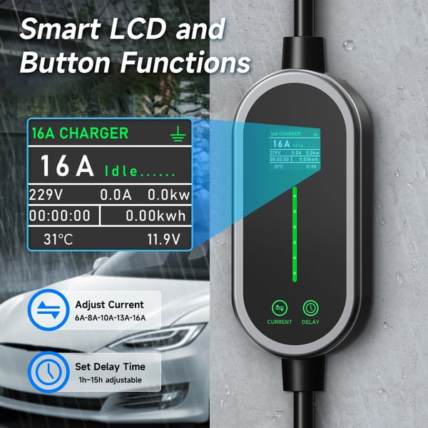 Bærbar EV-lader, Smart App Kontrol, Justerbar Lade Strøm,Type2 5M med app, TYPE2