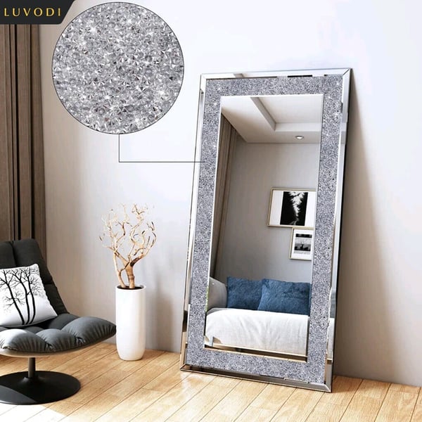 Væg Spejl, Elegant Knust Diamant Design, Fuld Kropslængde,120x60cm(48x24 tommer), Sølv