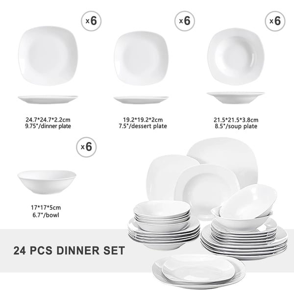 Porcelænsservice, Middags tallerken 9,75 tommer, Suppetallerken 8,5 tommer, Desserttallerken 7,5 tommer, Skål 6,7 tommer, Service til 6