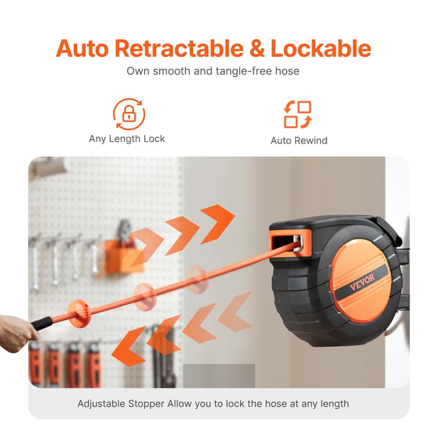Retractable Air Hose Reel, 3/8 tommer diameter, 50 fod længde, automatisk tilbageviklingsmekanisme