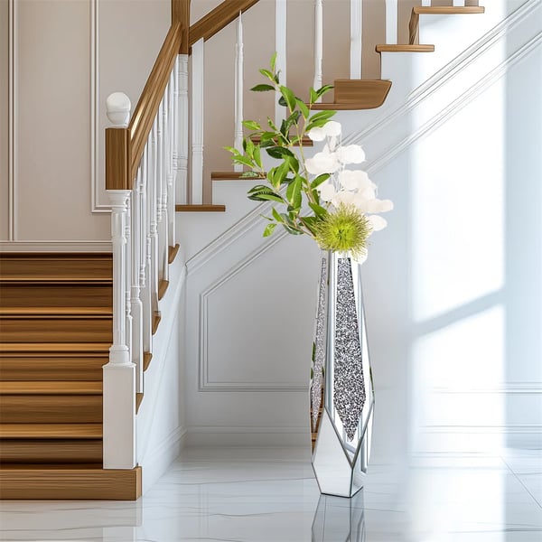 Blomsterkrukke, Elegant Spejlfinish, Krystal Indlæg Design,Gulvvase
