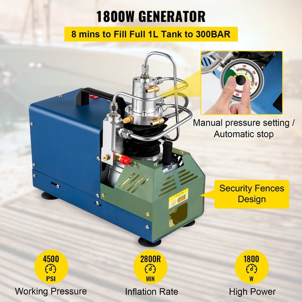 Luftkompressor Pumpe, 1800W Motorstyrke, 4500 PSI Maks. Tryk, Vandkølesystem, 0,79-1,80 Gallon Tankkapacitet