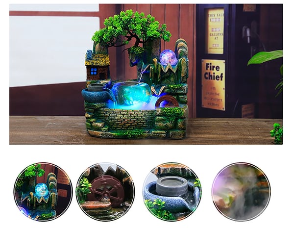 Vandfaldspringvand, oplysende krystalkugle, Feng Shui-hjul,Brun og grøn