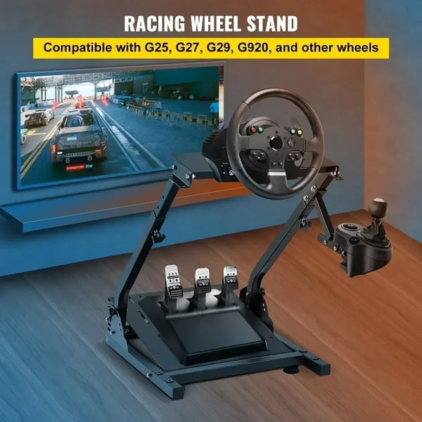 Gaming Wheel Stand, Justerbar Højde 27"-31.5", Holdbart Kulstofstål, Sammenklappelig & Kompakt Design