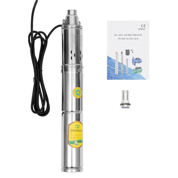 Solcellsdriven vattenpump, 370 W dränkbar djupbrunnspump, högt flöde med MPPT-regulator, rostfritt stål, silver, 24 V