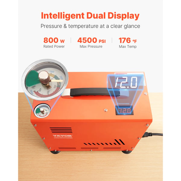 Luftkompressor, 800W, 4500 PSI / 30 MPa, Integreret ventilationskøling, Dobbelt trykdisplay, 8mm hurtigtilslutningsslange