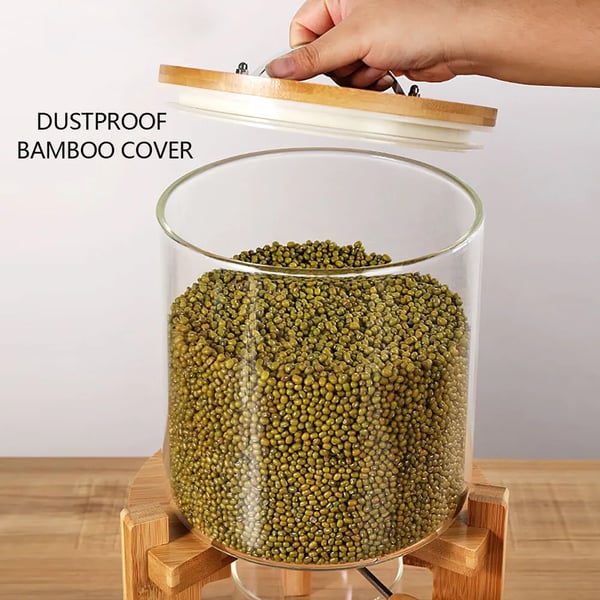 Risdispenser, 7,5 liters kapacitet, glas og bambusmateriale, dimensioner 20 cm diameter x 45 cm højde, tætsluttende og støvafvisende design