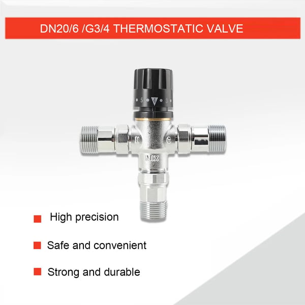 Termostatisk blandingsventil, zinkfri messing, temperaturinterval 15-70 °C, automatisk flowjustering, skoldbeskyttelse
