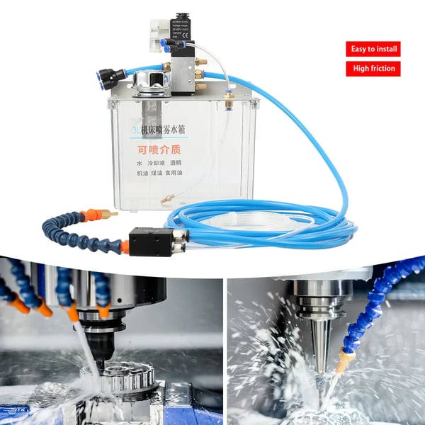 Smörjmedelsspray System, 3 Liters Kapacitet, Justerbar Luftvolym, IP65 Vattentålig, Kompatibel med Precisionmaskiner, Inkluderar Bränsletank och Munstycken