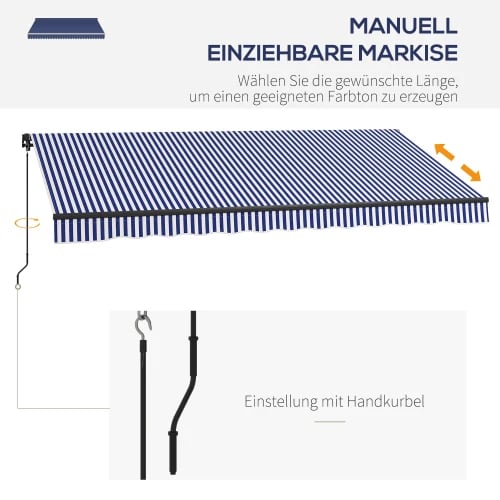 Markiser, 4x3m, Justerbar vinkel 45°-85°, Håndsvingbetjening, Vandafvisende materiale, Letvægts aluminiumsramme