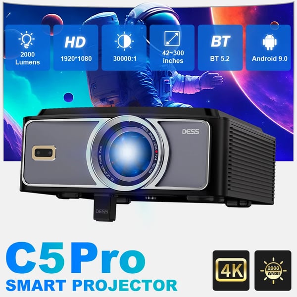 DESS 4K Video Projektor, 200 Tommer Projektion, 38000 Lumen Lysstyrke,sort, EU stik