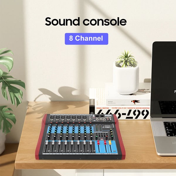 Lydmixer, 8-kanals konfiguration, Bluetooth lydinterface, USB lydsupport, Glatte faders, 3,7 kg vægt