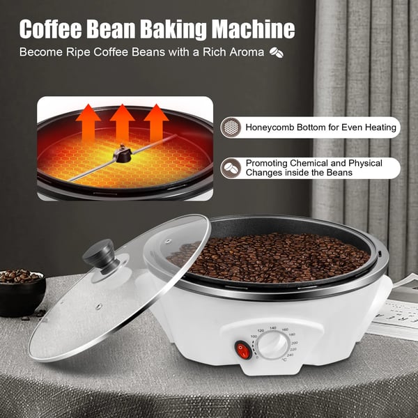 Kaffebønnerister, 1200W Effekt, 220-240V Spænding, 500g Kapacitet, Temperaturinterval 0-240°C, Dimensioner 32x12cm
