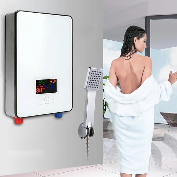 Elektrisk vandvarmer, 4500W effekt, IPX4 vandtæt, 27.5x18.3x7 cm, temperaturinterval 30-55°C, brugervenlig LED-skærm
