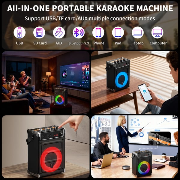 Karaokelaite, langattomat mikrofonit, Bluetooth-yhteys,musta