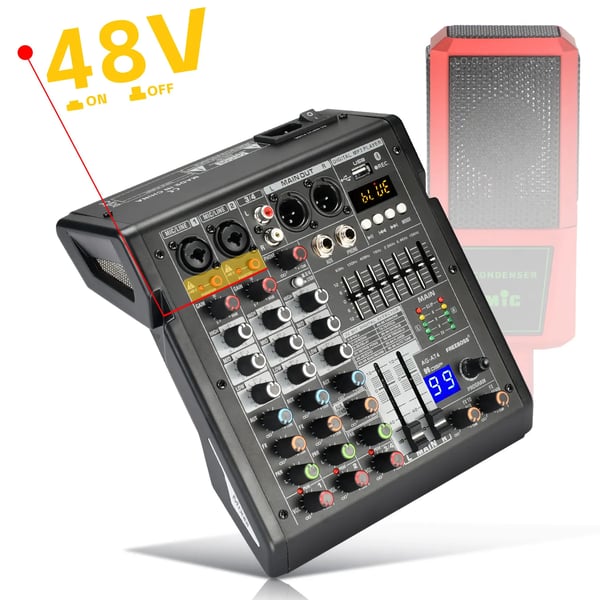 4-kanavainen äänimikseri, 48V phantom-virta, Bluetooth-yhteys,EU -pistoke