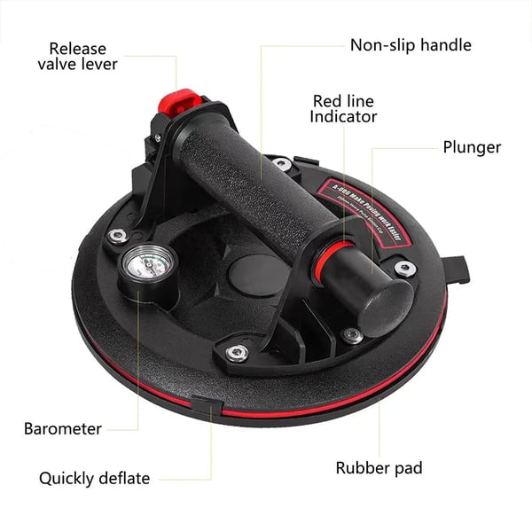 Glasløfter, 800 lbs kapacitet, 8 tommer diameter, tre-lags gummimateriale, ergonomisk håndtag, vakuumbeholdning 6 timer