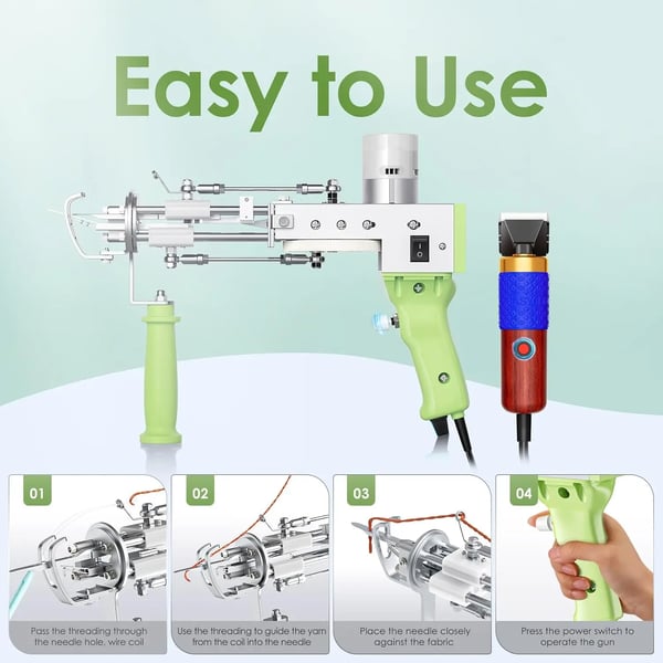 Tufting Gun, Justerbar Højde 4mm-21mm, Hastighed 5-40 Nål/sekund, 70W Motor, Klipper Inkluderet, Ergonomisk Design