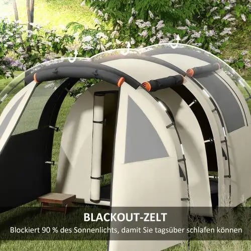 Tunnel Camping Telt, 5-Personers Kapacitet, Vandtæt 3000 mm, Dimensioner 460L x 230B x 180H cm, Foldet Størrelse 60L x 19B x 19H cm, 2 Sidevinduer