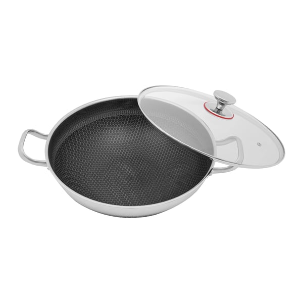 Stegepande, 410 rustfrit stål, egnet til 3-4 personer, kompatibel med gas- og induktionskoge, non-stick, hærdet glaslåg